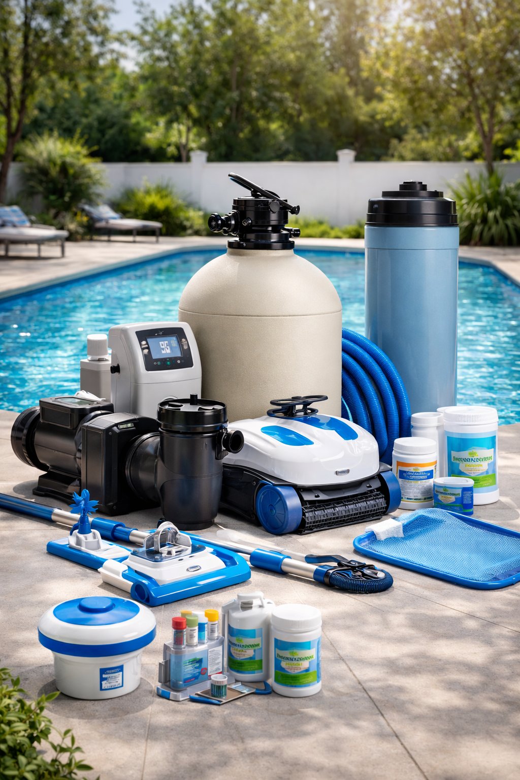 Pool equipment - pumps, filters, chemicals, and cleaning supplies