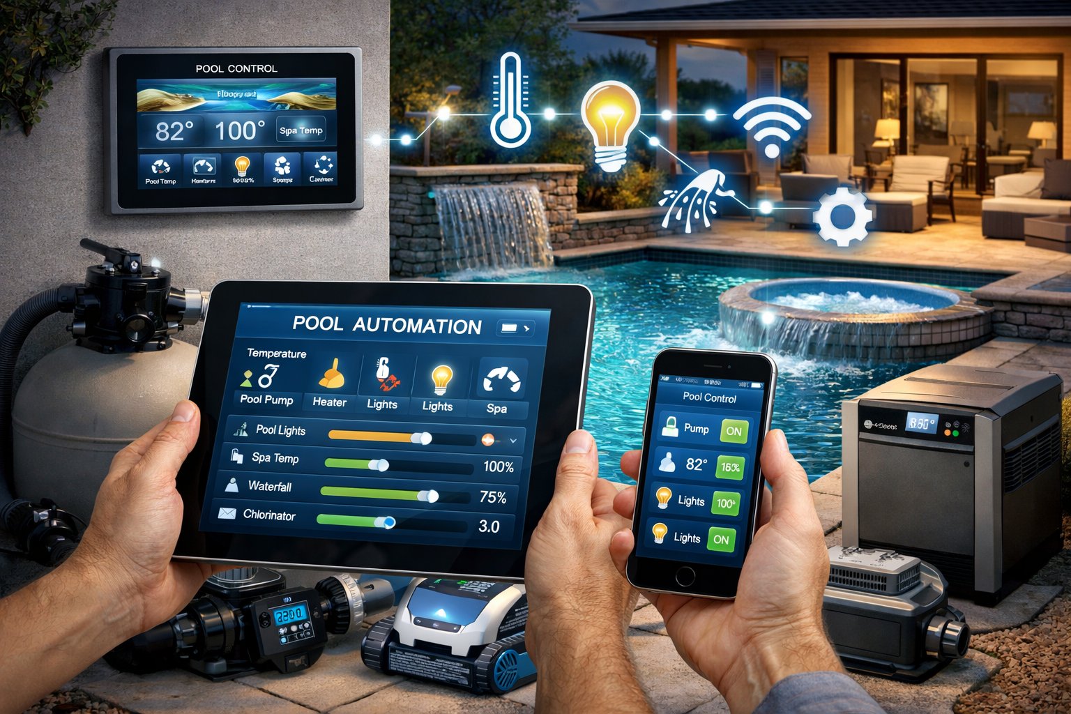 Pool automation control interface showing temperature, pump, heater, lights and spa controls